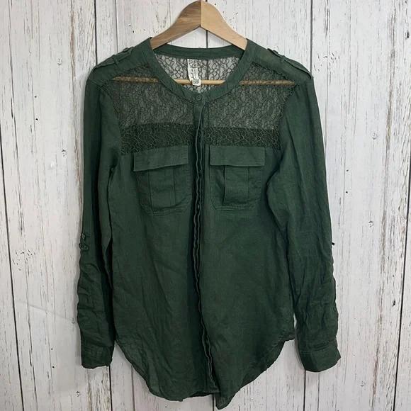 Free People Green Linen Cotton Blend Long Sleeves Army Green Top Lace Bodice - Picture 4 of 11